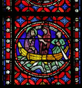 Vitrail représentant Scène de la Vie de Saint Bonnet : Saint en Route pour Rome calmant les Mers Agitées et Pêchant - French School